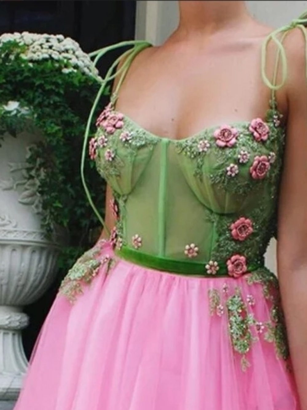 Long Green Sheer Bodice with Pink Tulle Skirt Dress